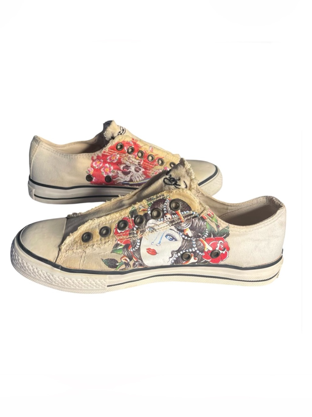 ED HARDY Painted Sneakers Laceless Tattoo Art Womens Size 7 VINTAGE Y2K